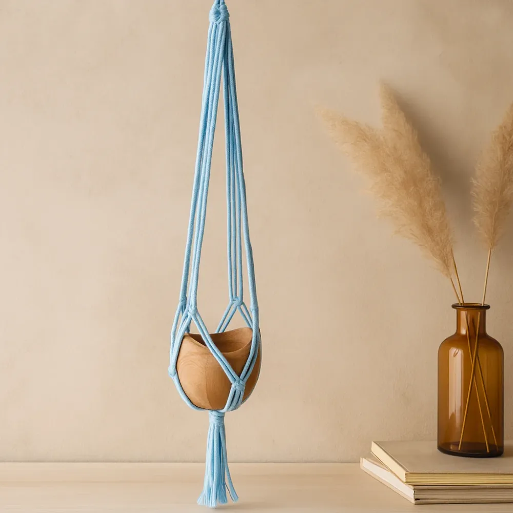 Macrame plantehenger pulverblå medium