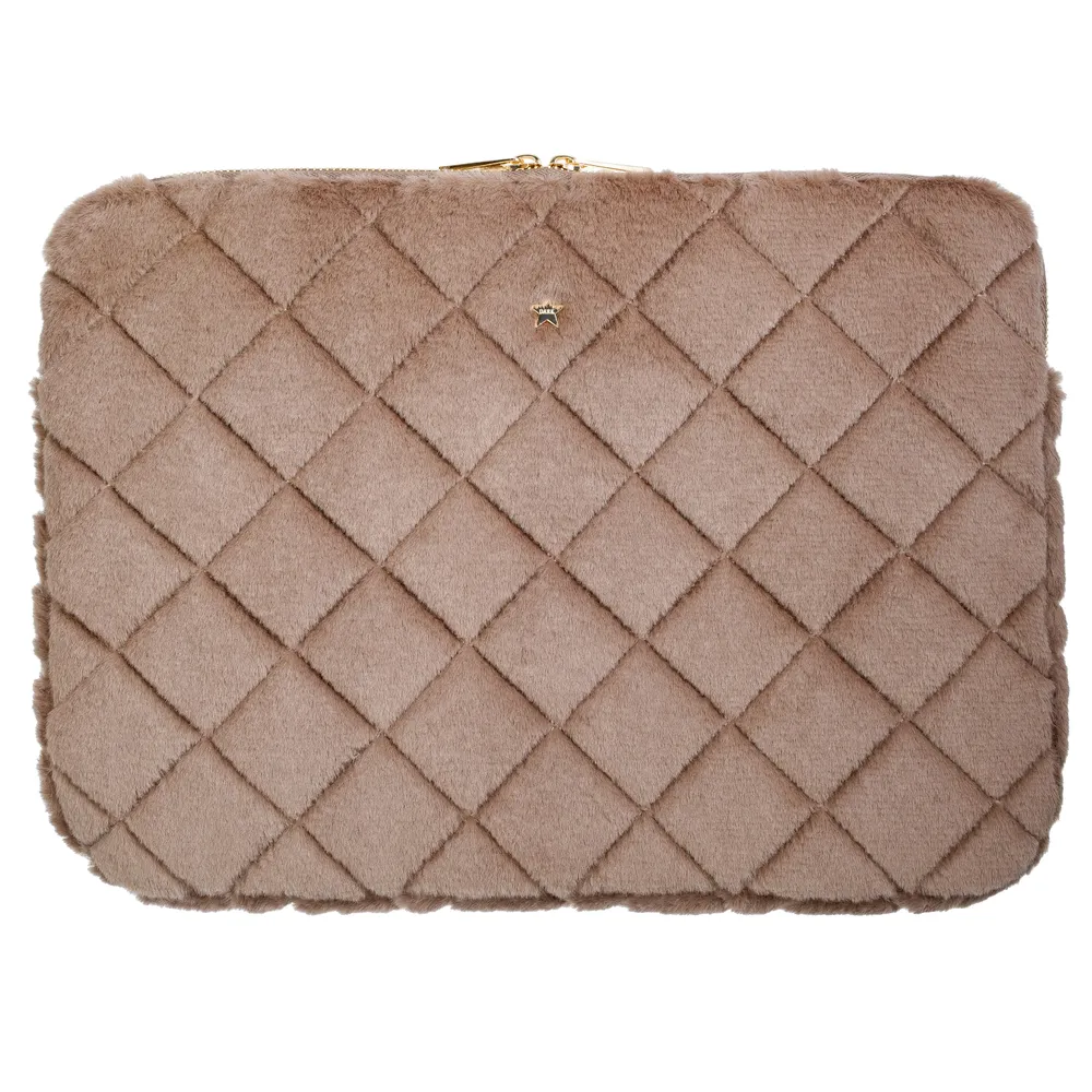 FAUX FUR QUILTED MAC COVER WARM TAUPE