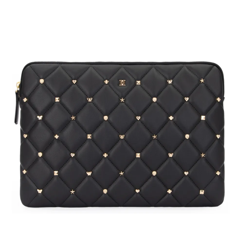 LEATHER QUILTED MAC COVER W/SIGN STUDS BLACK