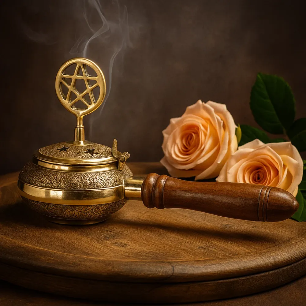 Messing pentagram røkelsesbrenner, treskaft