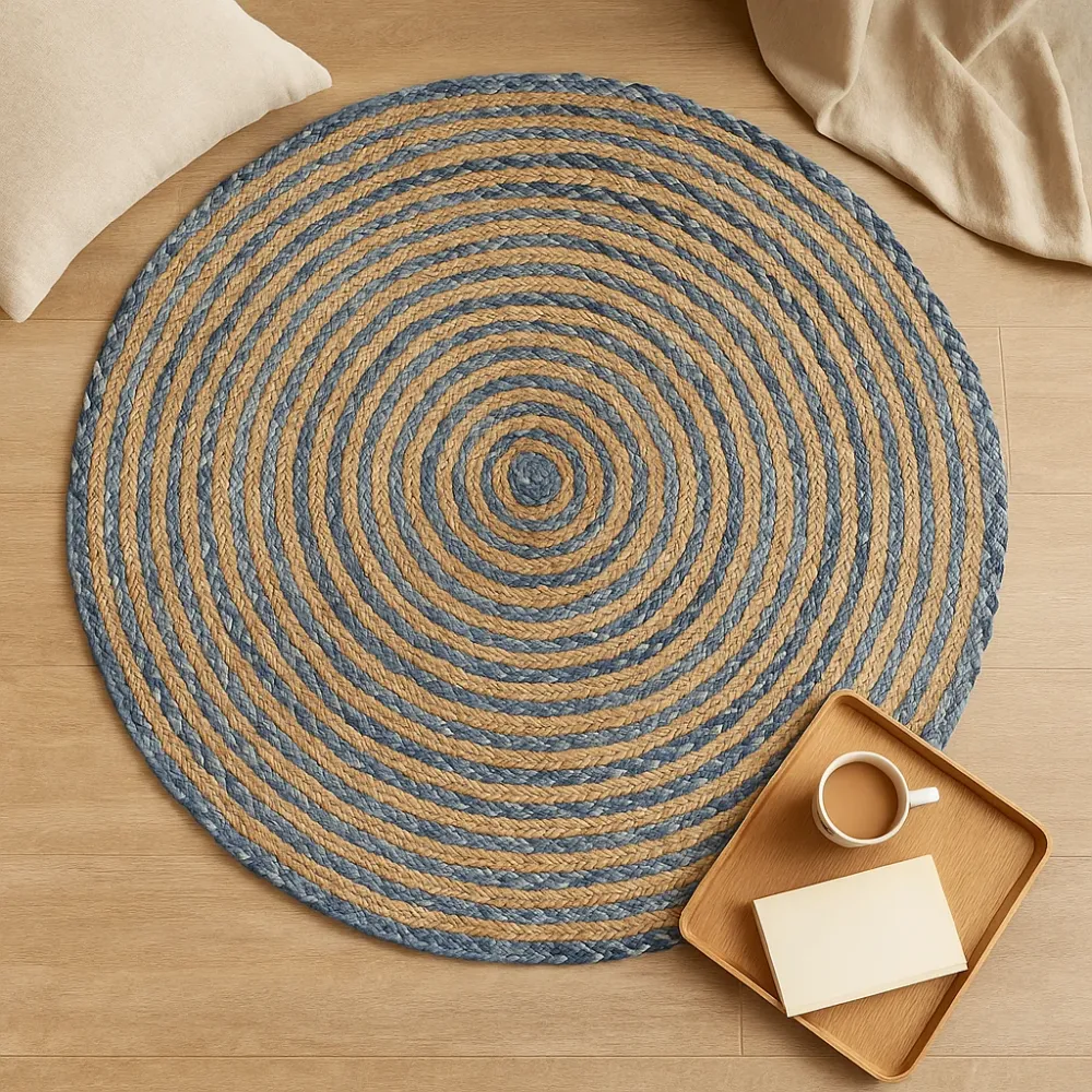 Rund jute- og denimteppe, 120 cm