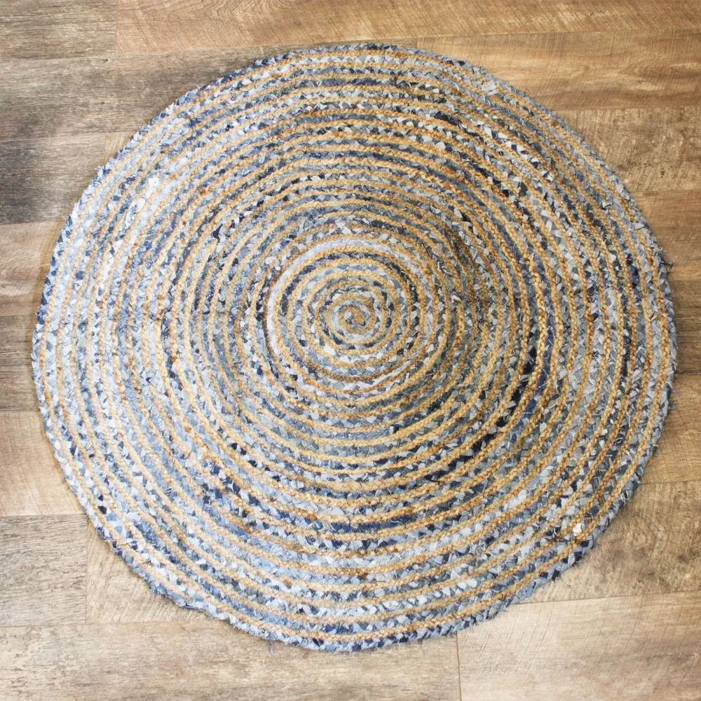Rund jute- og denimteppe, 120 cm