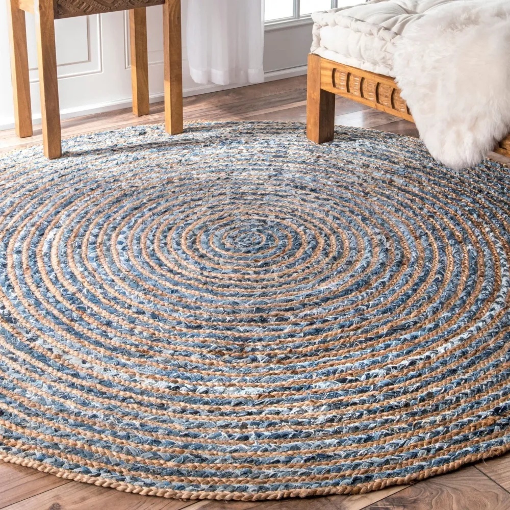 Rund jute- og denimteppe, 120 cm