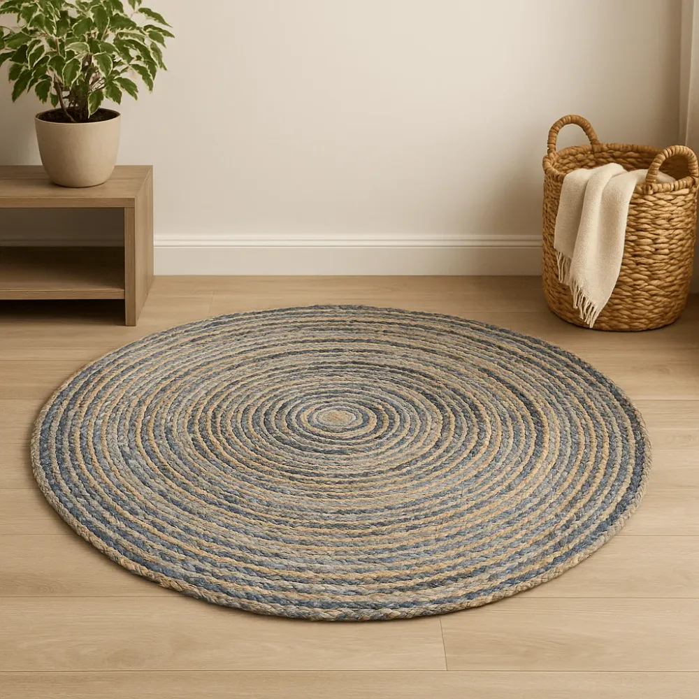 Rund jute resirkulert denimteppe 150 cm
