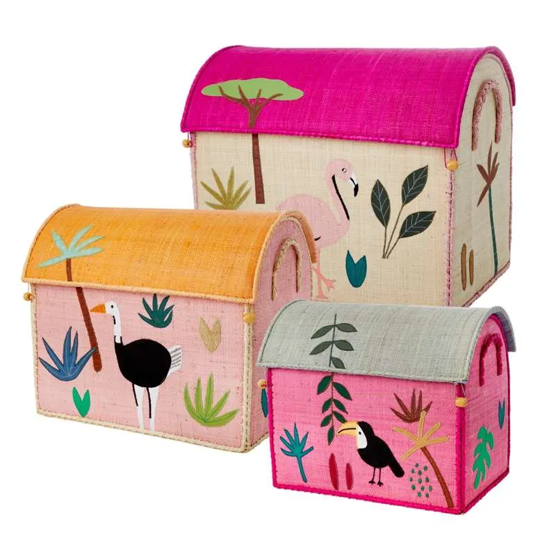 RICE Raffia Oppbevaringshus - Jungeldyr - Rosa - 3 stk.