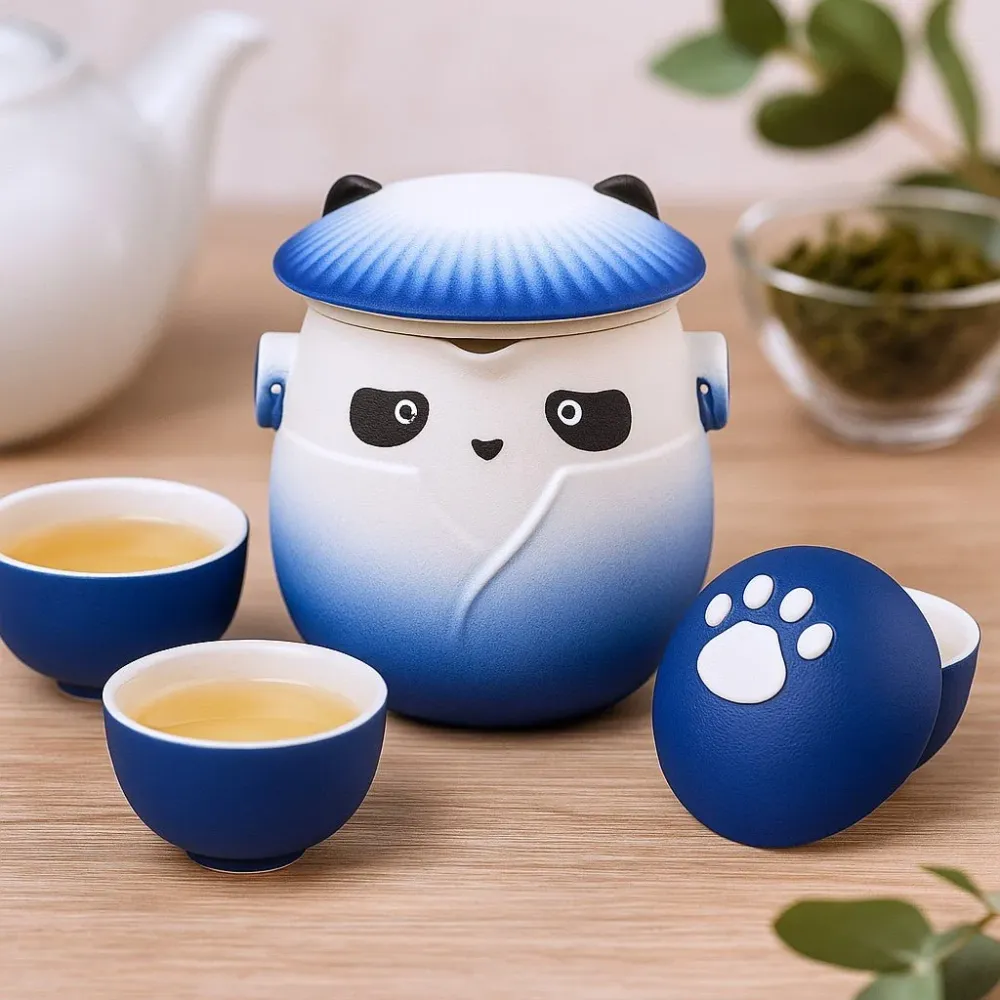 Panda tekannesett med 3 kopper, himmelblå