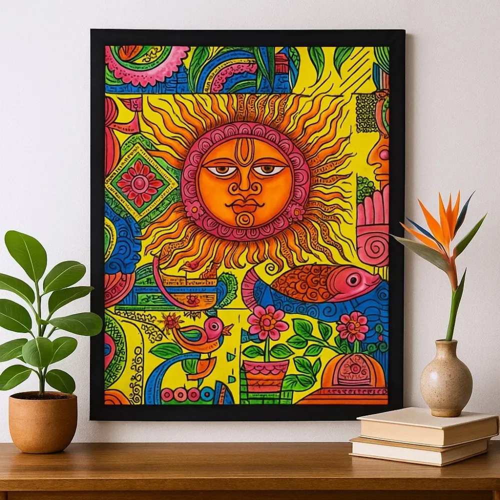 Sol veggkunst, håndpusset bomull
